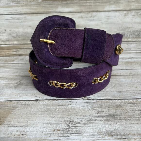 VTG Loring & Paige Suede Belt Sz ML Purple Gold Chunky Chainlink Adjustable 80s - Picture 1 of 12
